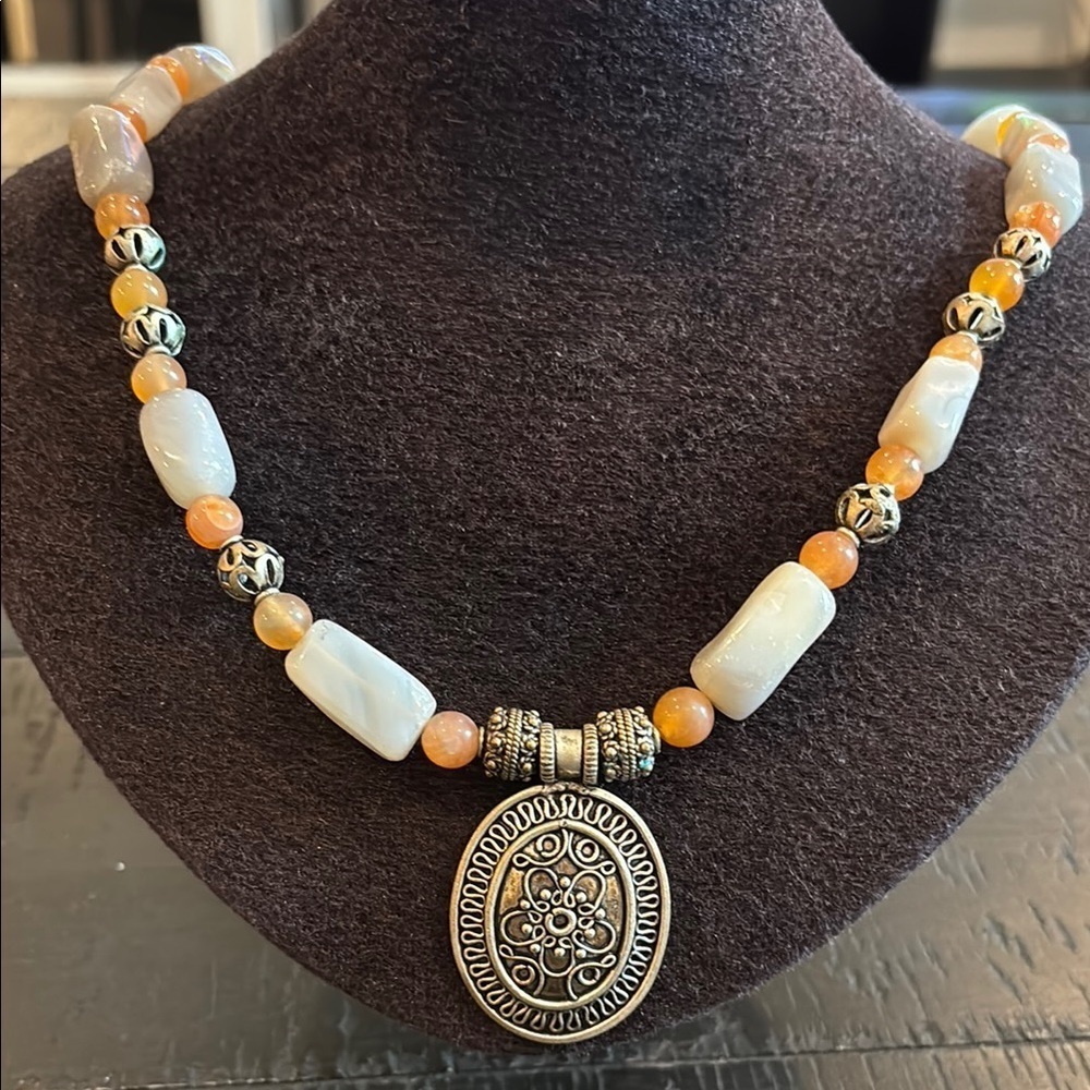Handcrafted Southwestern Beaded Necklace Silver Orange Accents​